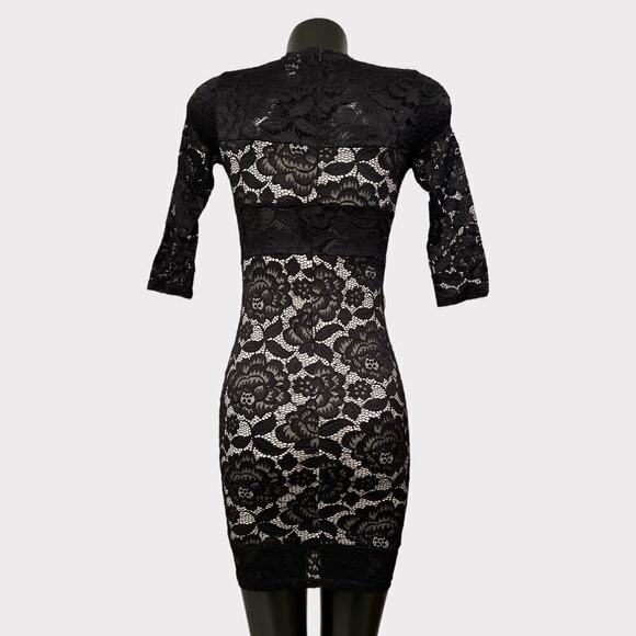 VINTAGE 90s Lace Mini Bodycon Dress sz Small XS Black Witchy Gothic 1/2 Sleeve - Picture 4 of 9